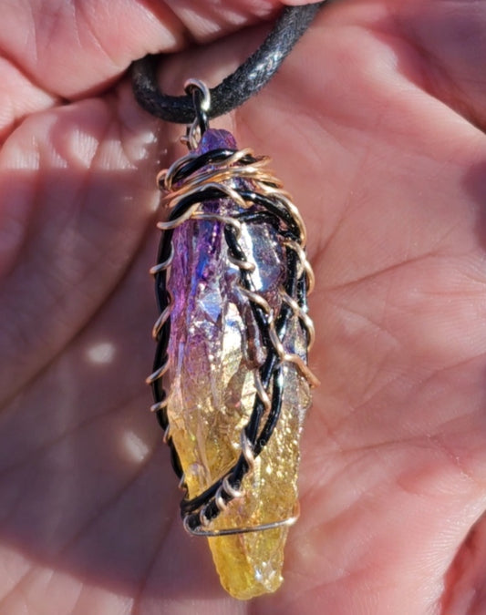 Purple & Yellow Aura Quartz Necklace black Spiral