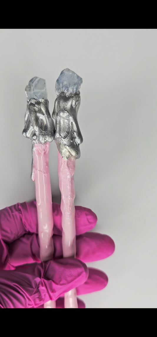 Baguette à cheveux en calcite bleue argentée et rose